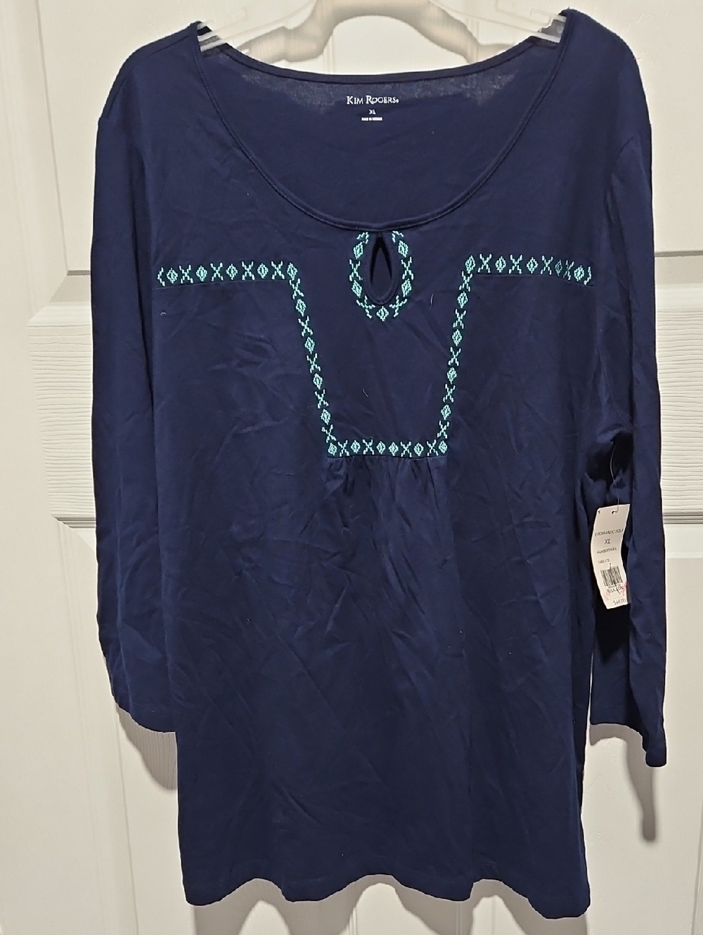 Kim Rogers Navy Long Sleeve Top with Turquoise Embroidery